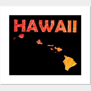Colorful mandala art map of Hawaii with text in red and orange Posters and Art